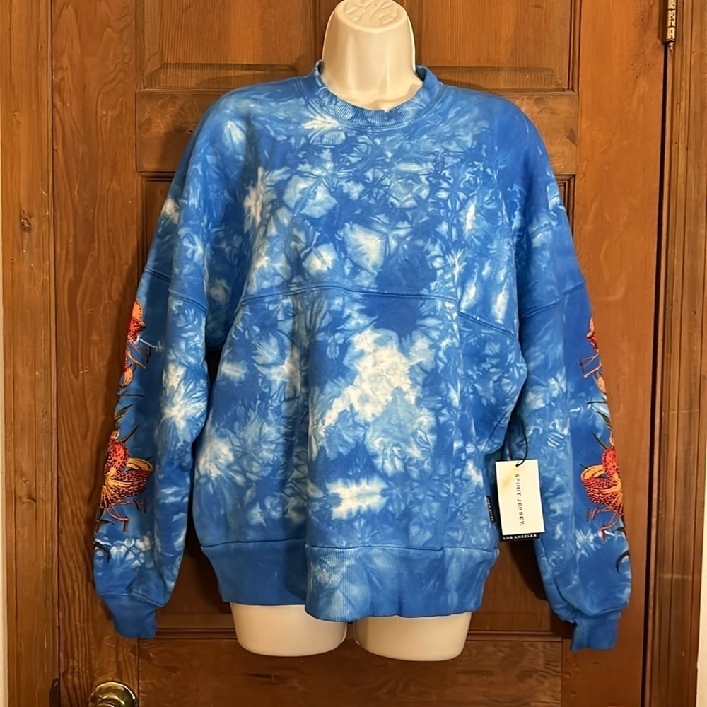 Spirit Jersey Unisex Blue Tye Dye With Orange Flowers Size Small 100% Cotton